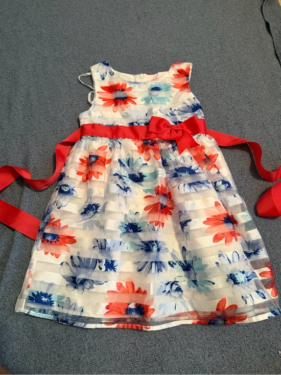 Glamour girls Other - Girls Floral Ribbon Sash Dress - White with Coral & Navy
